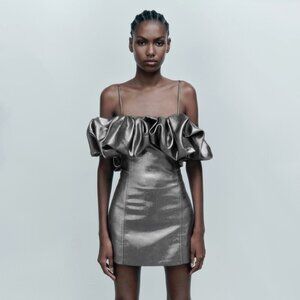 NWT Zara metallic silver shine effect voluminous ruffle detail mini dress, M